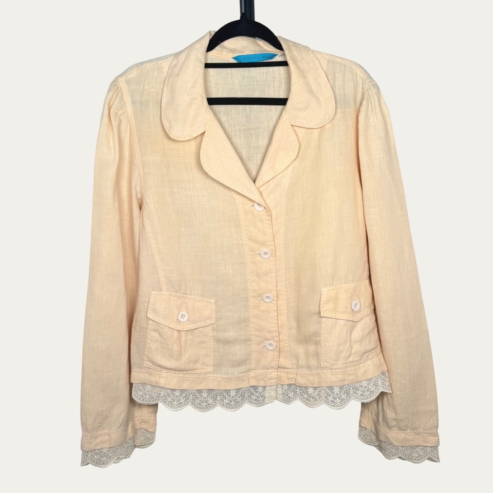 Johnny Was Peach Beige Cotton Eyelet Lace Trim Button Up Jacket Womens XL
